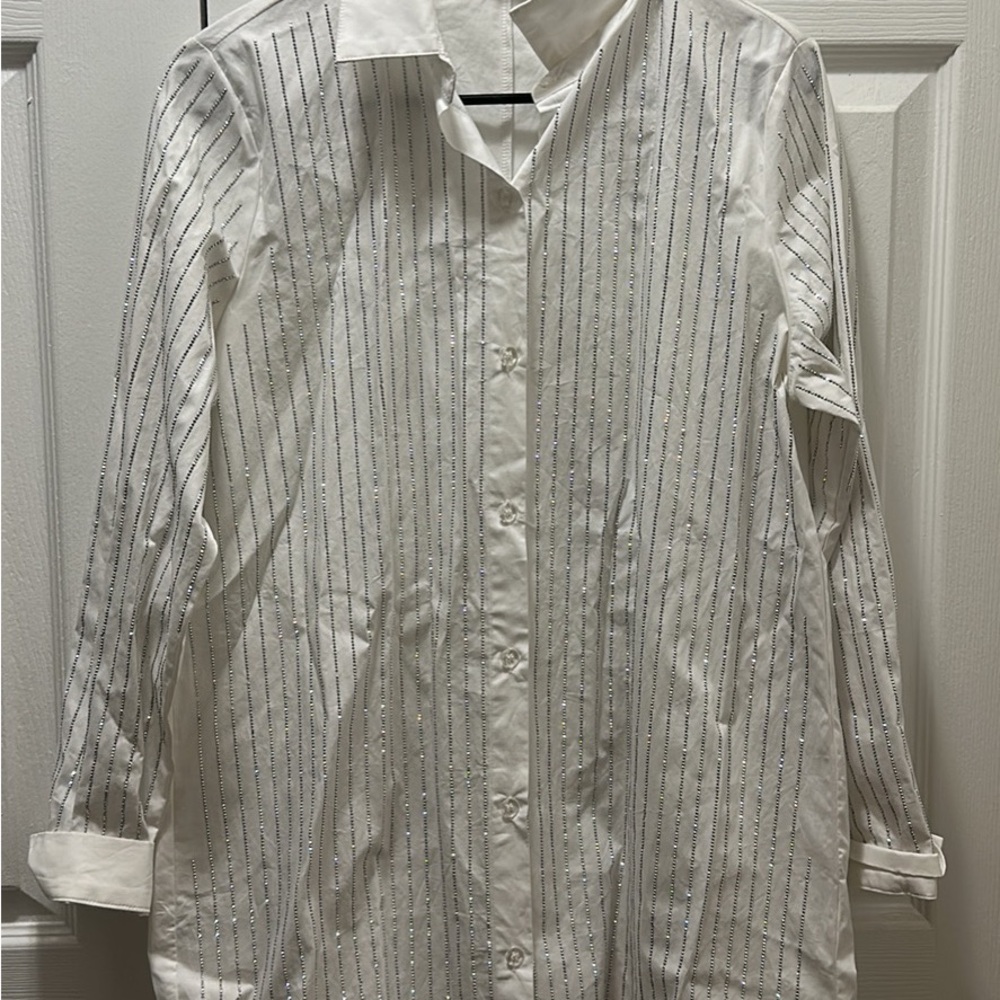 AKIRA White and Silver Striped Dress Shirt